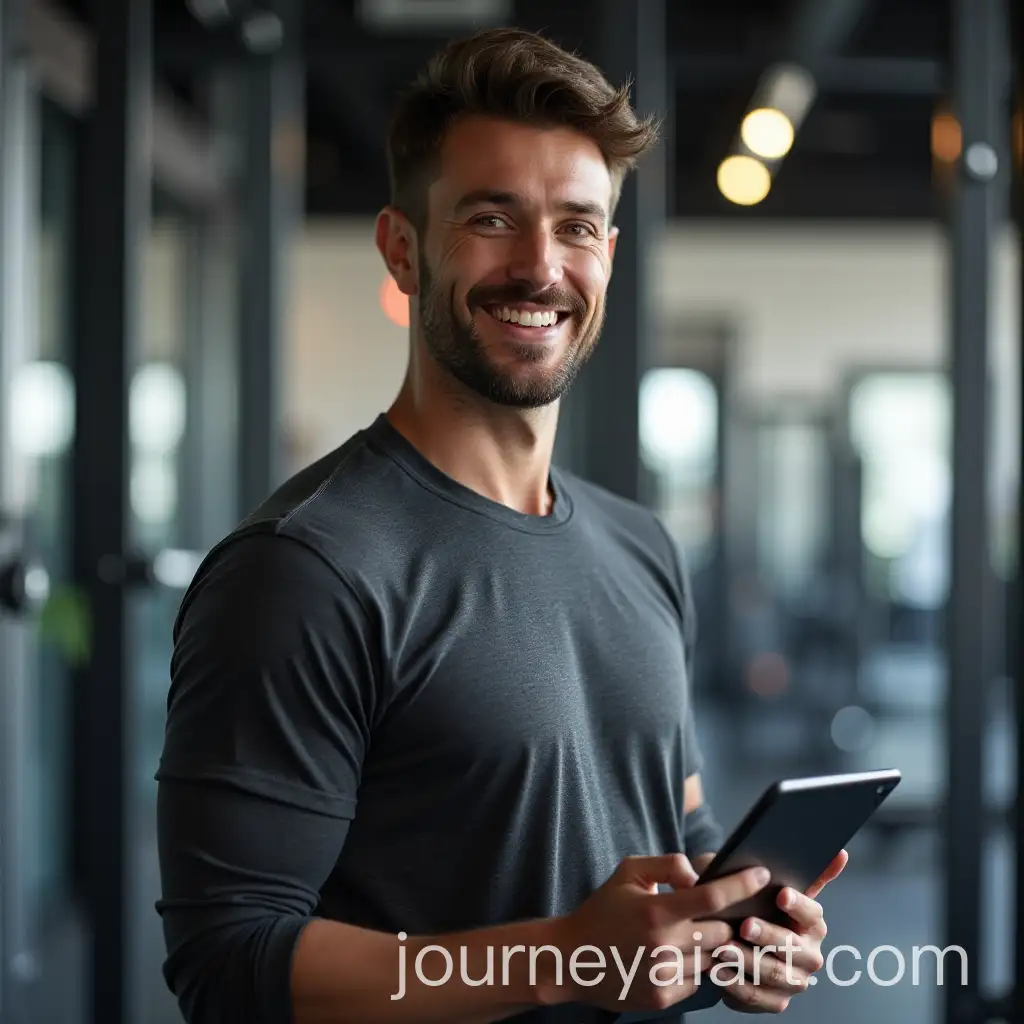 Smiling-Gym-Owner-with-Tablet-in-Fitness-Center