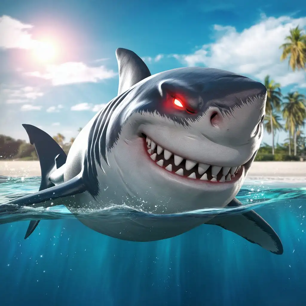 a powerful evil shark on the background of a bright beach 3d animation