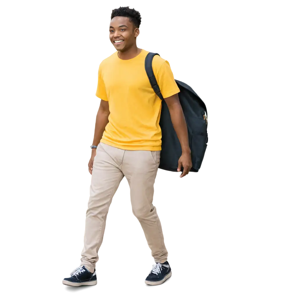 Adolescent-Black-Guy-with-Yellow-Shirt-Smiling-and-Walking-PNG-Image