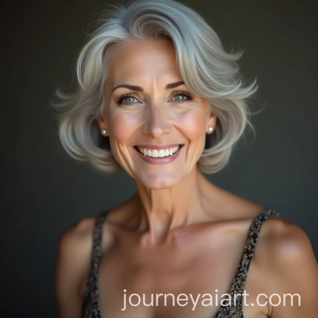 Beautiful-70YearOld-Woman-with-Short-Gray-Hair-Smiling-in-a-Distant-Perspective