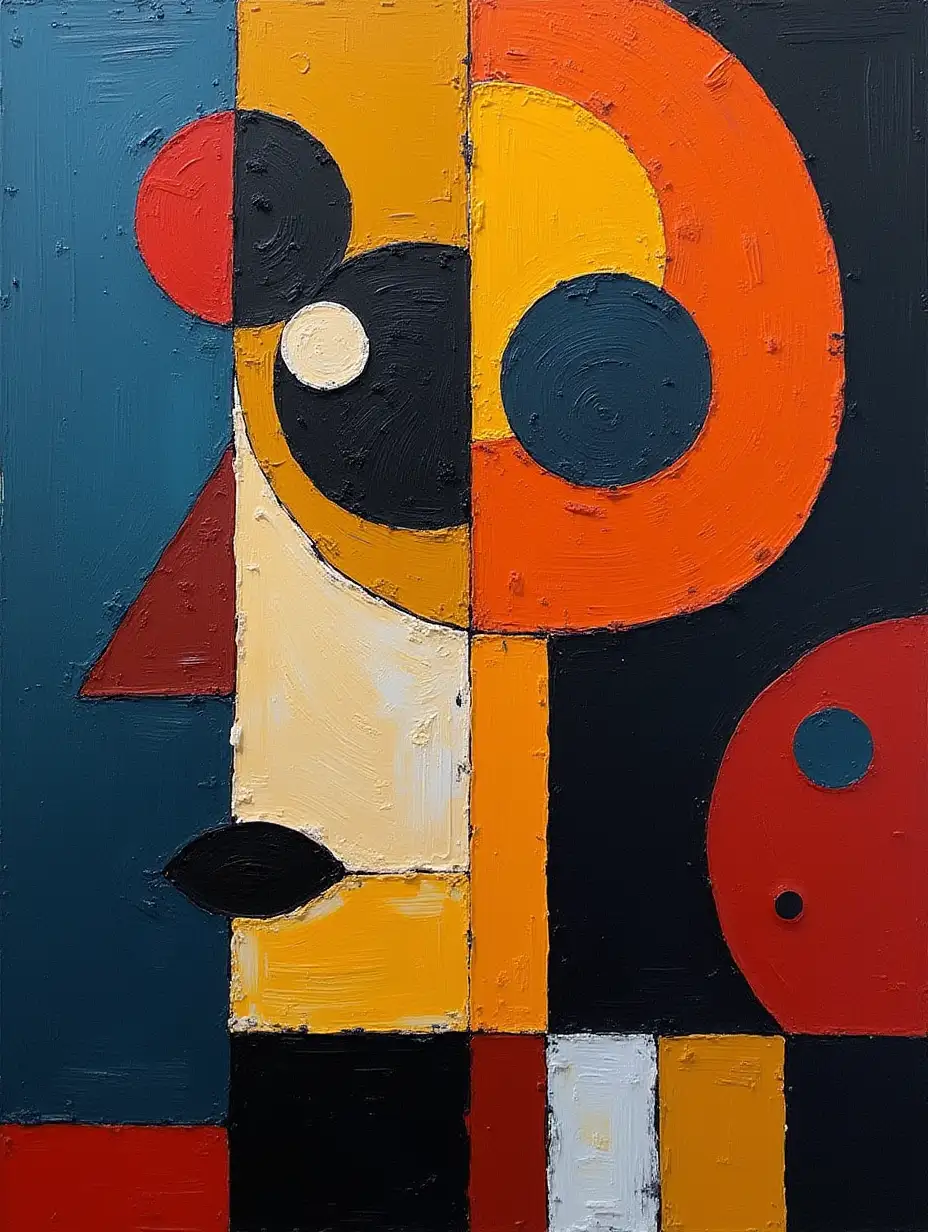 user_prompt: A picture in a checkered pattern, striped, primitively schematic, minimalism, avant-garde, lacraft, darkness in the style of Kandinsky, Malevich, minimalism, simplified for a beginner artist with acrylic many colors, constructivism abstractionism, rather gloomy