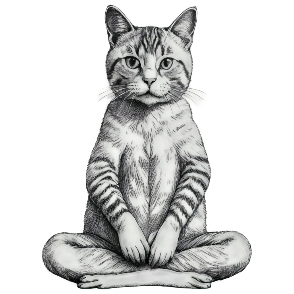 PNG-Pencil-Drawing-of-a-Cute-Cat-Meditating-Serene-Feline-Meditation-Artwork