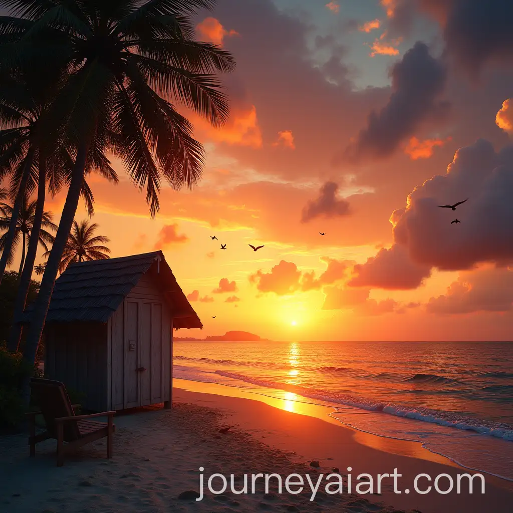 Serene-Sunset-Over-Beach-with-Birds-Trees-and-Hut