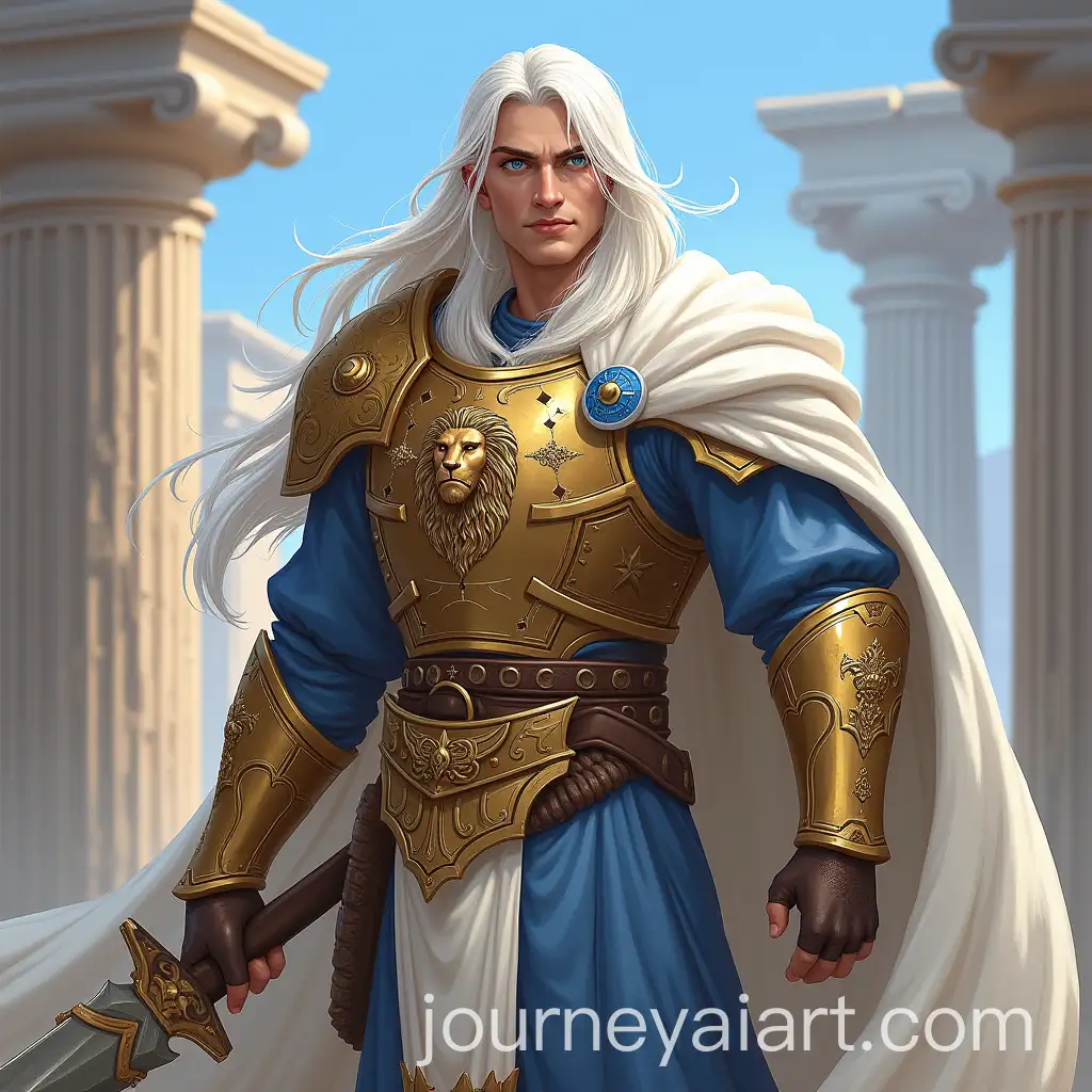Fantasy-Medieval-Warrior-in-Greek-Ruins-with-Golden-Weapons-and-Blue-Details