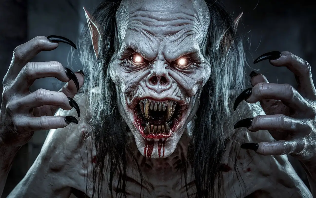 A terrifying, ghoulish creature with sickly pale skin and long, sharp, black fingernails. It has hollow eyes that glow with an eerie, unsettling light. Its mouth is open, revealing rows of sharp, jagged teeth and blood-stained gums. The creature's face is gaunt and heavily wrinkled. It has long, dark, unkempt hair. The creature is holding its hands up near its face in a menacing pose. The overall mood is dark, disturbing, and horrifying.