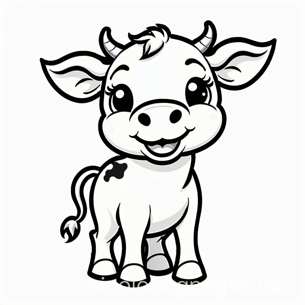Cute Baby Cow side view, Coloring Page, black and white, line art, white background, Simplicity, Ample White Space. The background of the coloring page is plain white to make it easy for young children to color within the lines. The outlines of all the subjects are easy to distinguish, making it simple for kids to color without too much difficulty