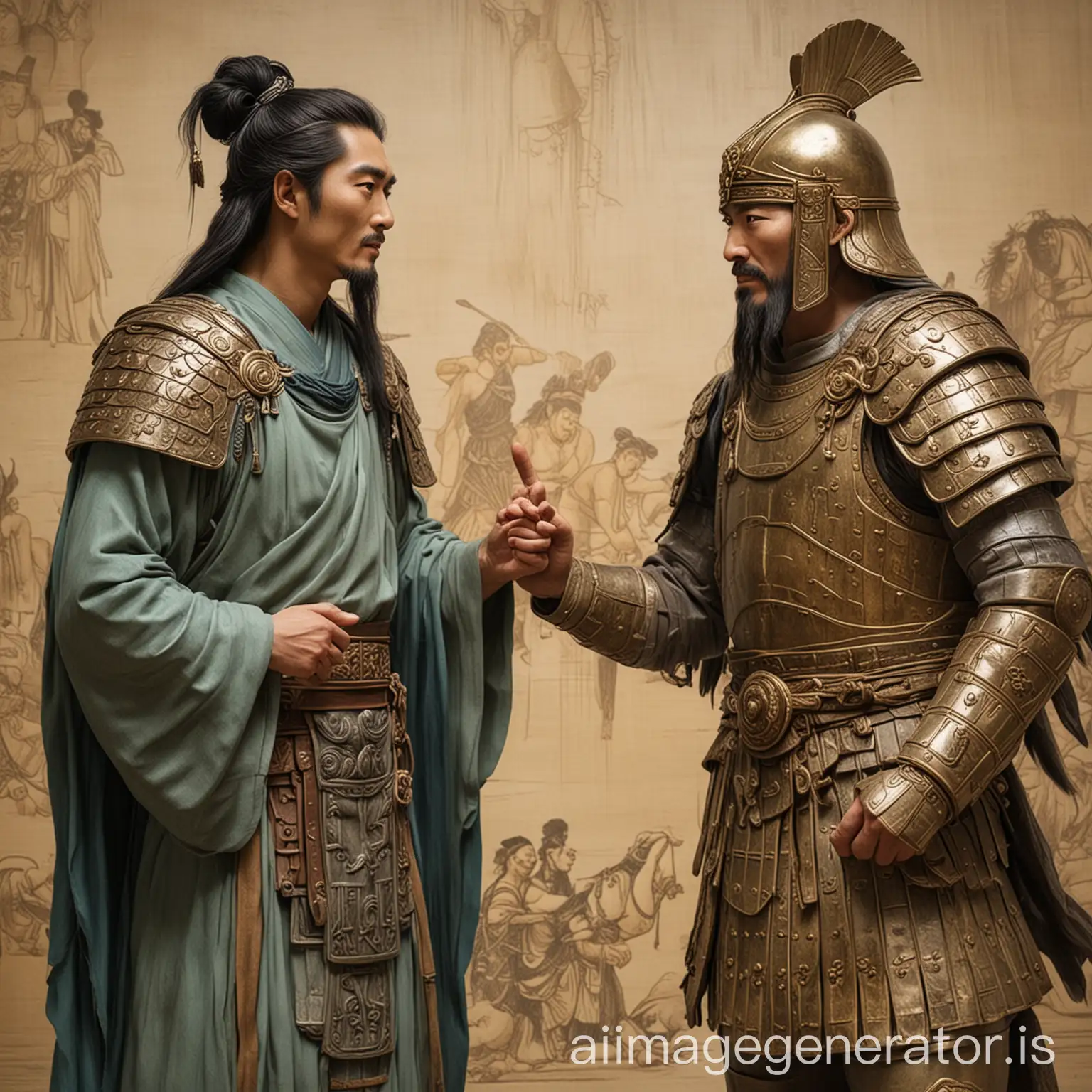 Historical-Encounter-Qin-Shi-Huang-and-Alexander-the-Great-Chatting