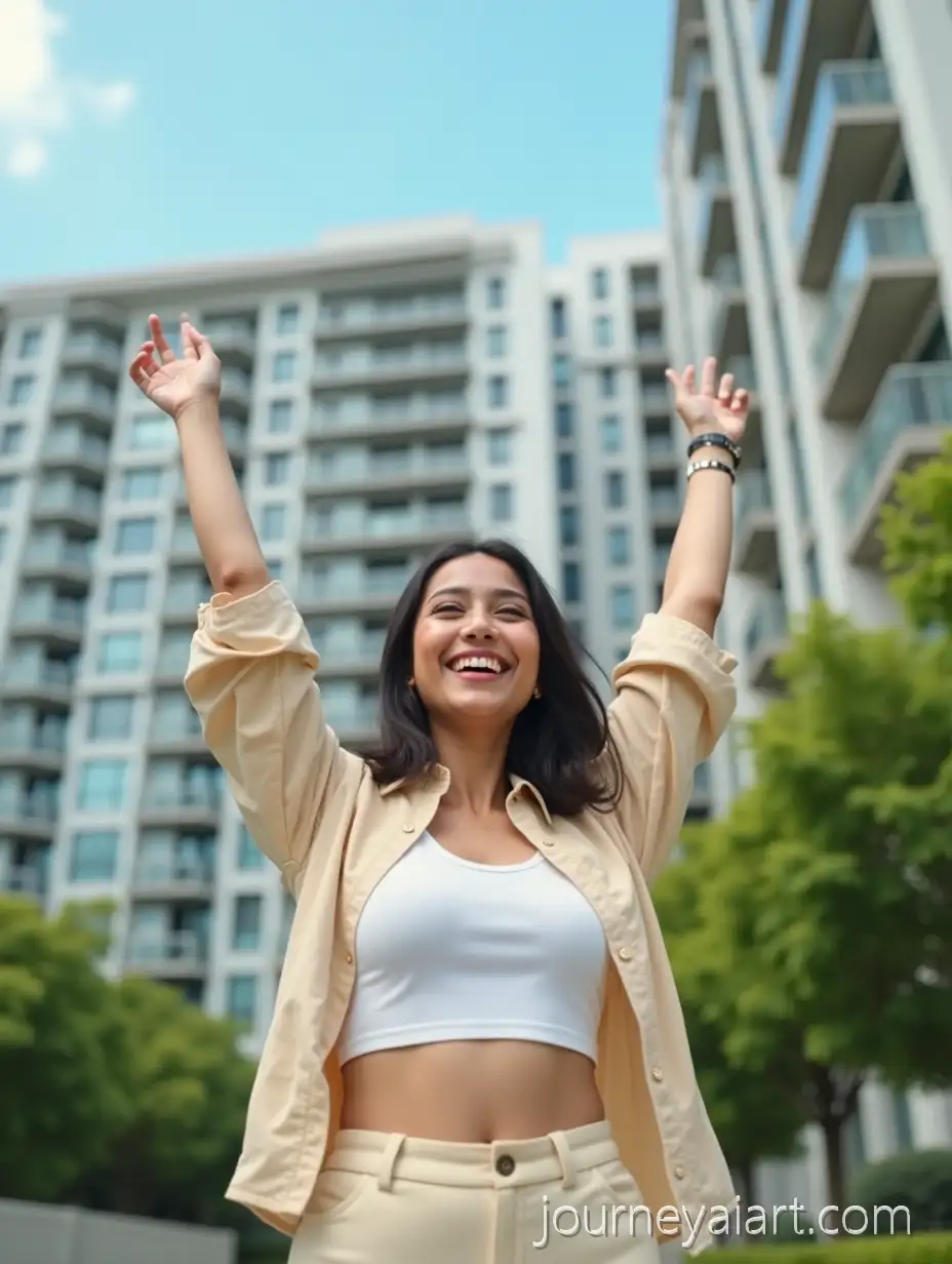 Joyful-Indian-Woman-Standing-Outdoors-in-Modern-Residential-Area-Surrounded-by-Greenery