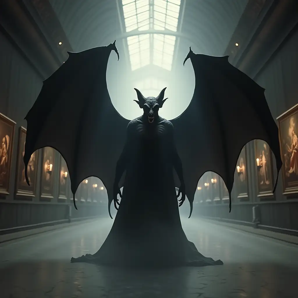 a vampire with large fangs and shadowy bat-like wings emerging from a large shadow in a large museum gallery