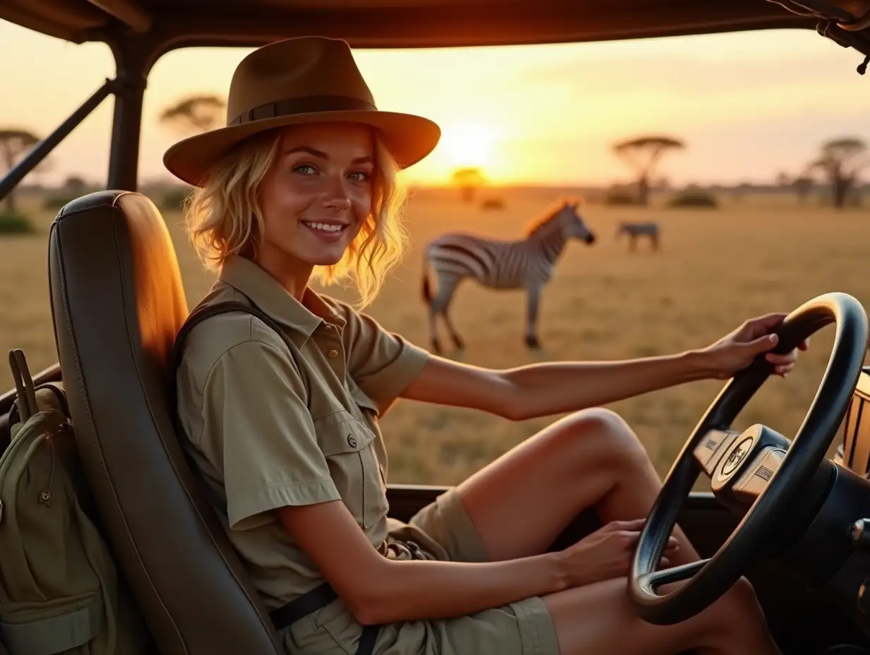 Young-Woman-Driving-a-Jeep-Through-African-Savanna-at-Sunrise