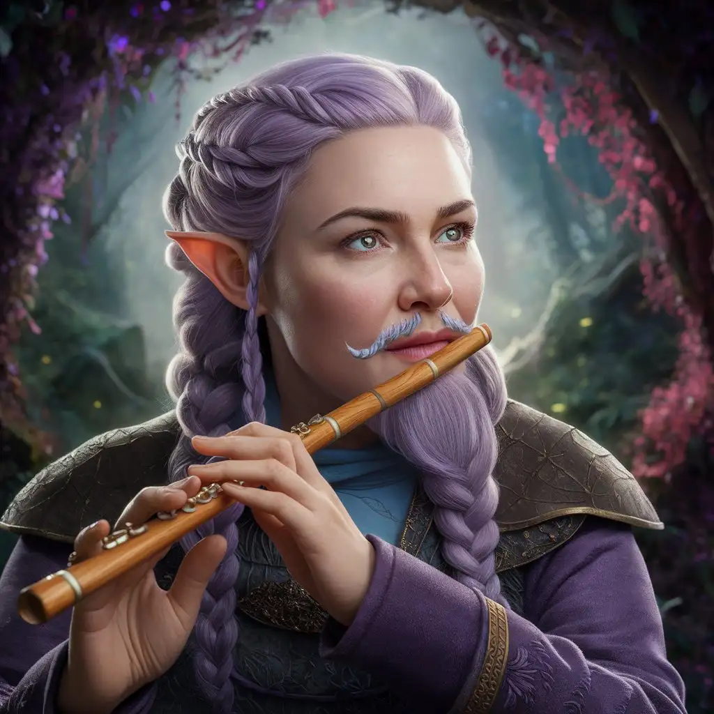 Elegant Dwarf Bard with Purple Hair and Delicate Chin Beard