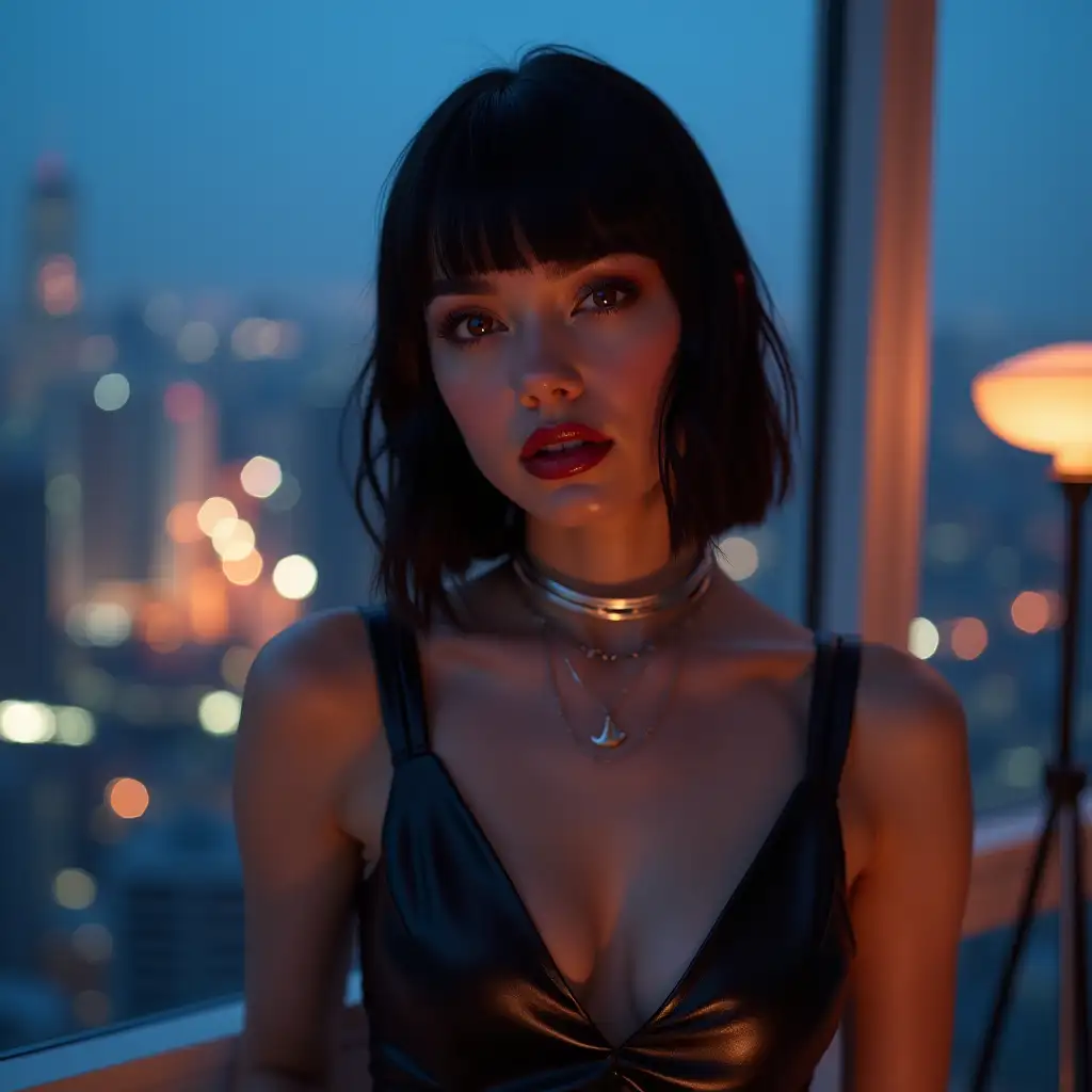 A hyper-realistic portrait of a mesmerizing 23-year-old influencer girl radiating bold energy and charm. She has sleek, shoulder-length jet-black hair with blunt bangs framing her face, paired with striking hazel eyes that shimmer with golden flecks. Her full, sultry lips are painted a deep berry red, contrasting her smooth, porcelain skin with a faint rosy flush. She’s posed in a chic, minimalist loft with a massive glass wall overlooking a neon-lit cityscape at dusk, exuding urban sophistication. She wears a form-fitting black leather mini dress with a plunging neckline, accentuating her lithe, athletic figure, paired with strappy stiletto heels that catch the light. A silver choker with a small crescent moon pendant adorns her neck, and she casually holds a sleek mirrorless camera, capturing her reflection. Her look is completed with sharp, winged eyeliner and long, voluminous lashes that add drama. The lighting is moody and cinematic—cool blue tones from the city lights mix with warm amber accents from a nearby floor lamp, casting dynamic shadows across her flawless features. Hyper-detailed textures shine through: the glossy leather of her dress, the metallic gleam of her jewelry, and the intricate reflections in the glass. 4K resolution, vibrant yet moody colors, blending sexy edge with high-fashion coolness