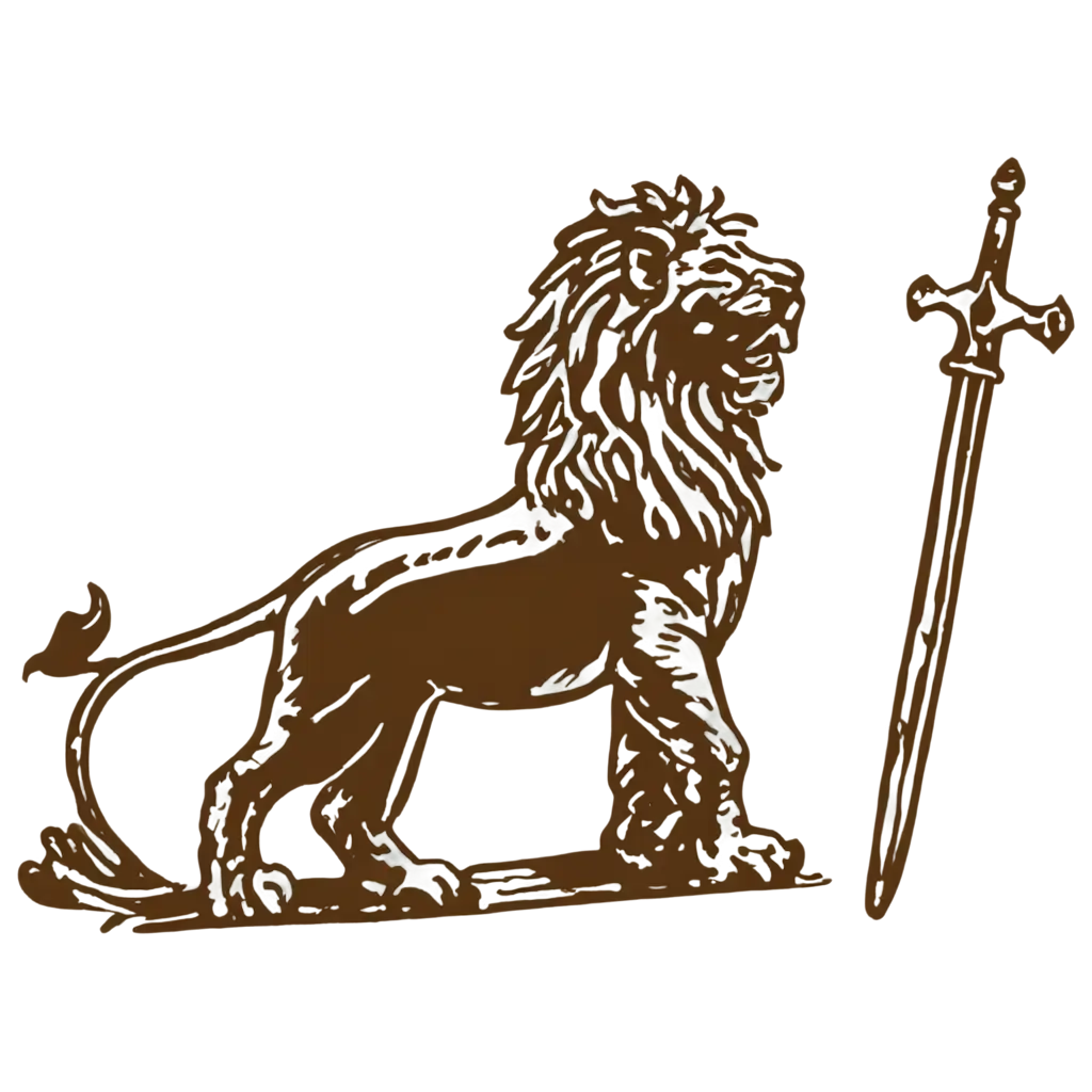 A line drawing logo of the lion with spear on the right and a tippu sword on left