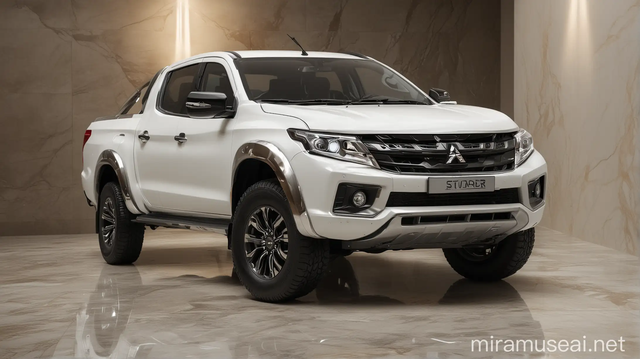 Luxury White Mitsubishi Strada Triton in Modern Showroom Setting