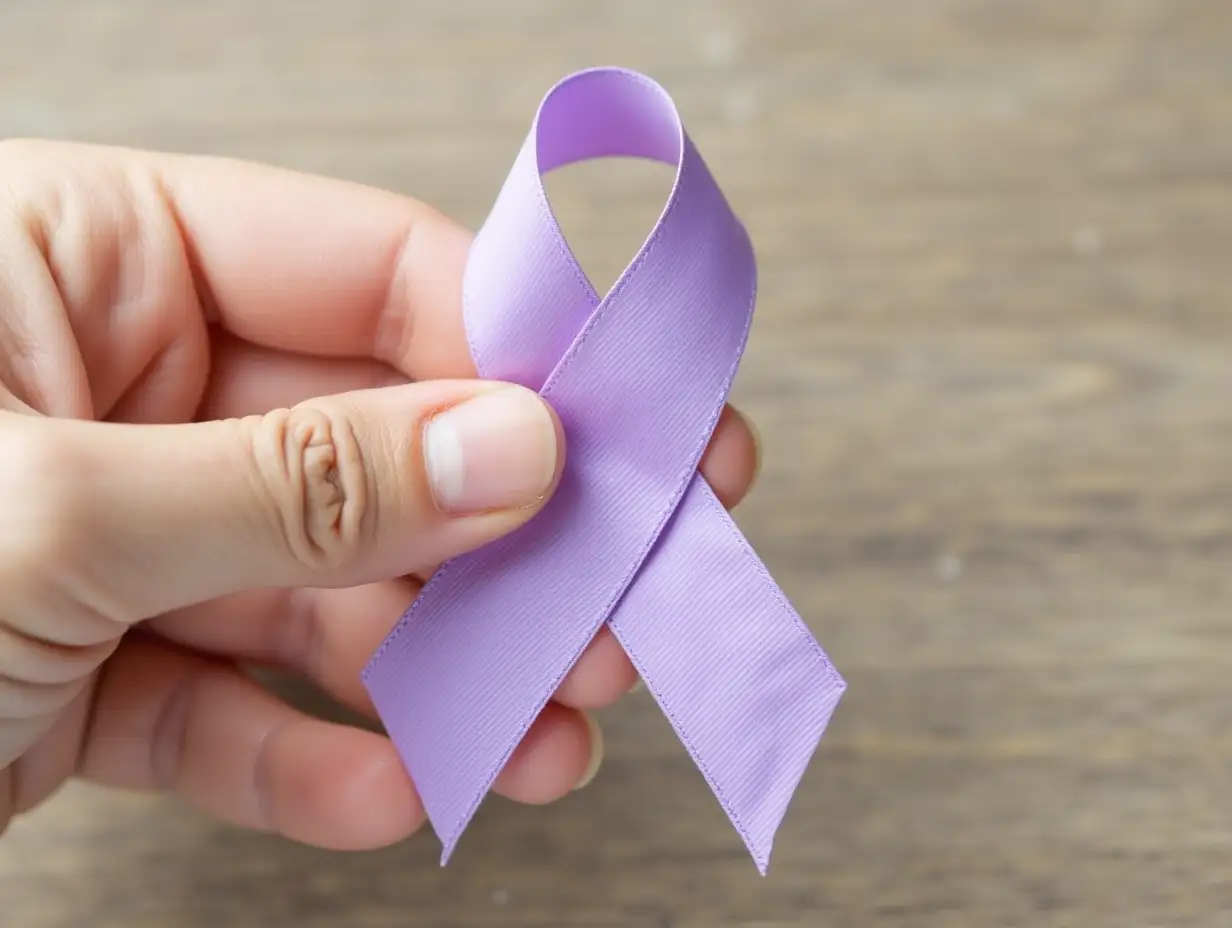 Female hand holding violet ribbon on wooden background. Family violence, Alzheimer disease and pancreas cancer concept