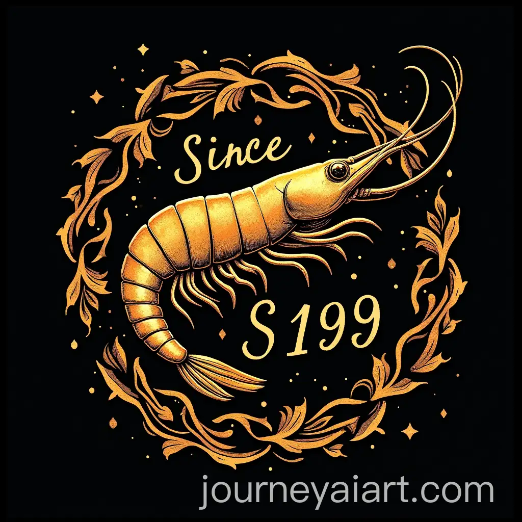 Shrimp-with-Batik-Decor-and-Gold-Detailing-on-Black-Tshirt-Design