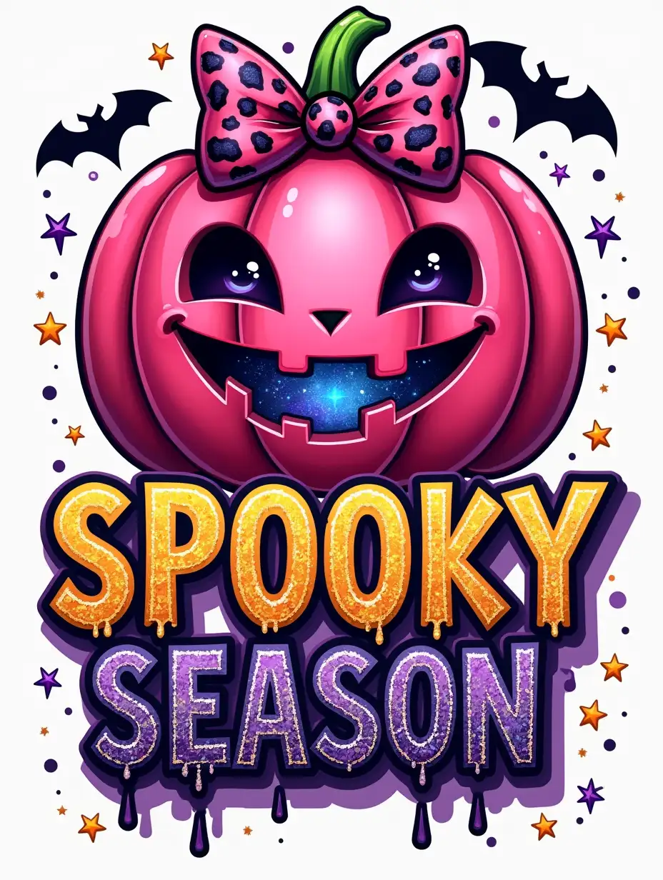 Create a vibrant, Halloween-themed graphic featuring a pink pumpkin adorned with a leopard print bow. The pumpkin should have a sparkling, galaxy-like face and be surrounded by bats, stars, and glitter. The text 'SPOOKY SEASON' should be prominently displayed in bold, colorful letters, with a dripping, glittery effect. The overall style should be playful and energetic, with a touch of cuteness.