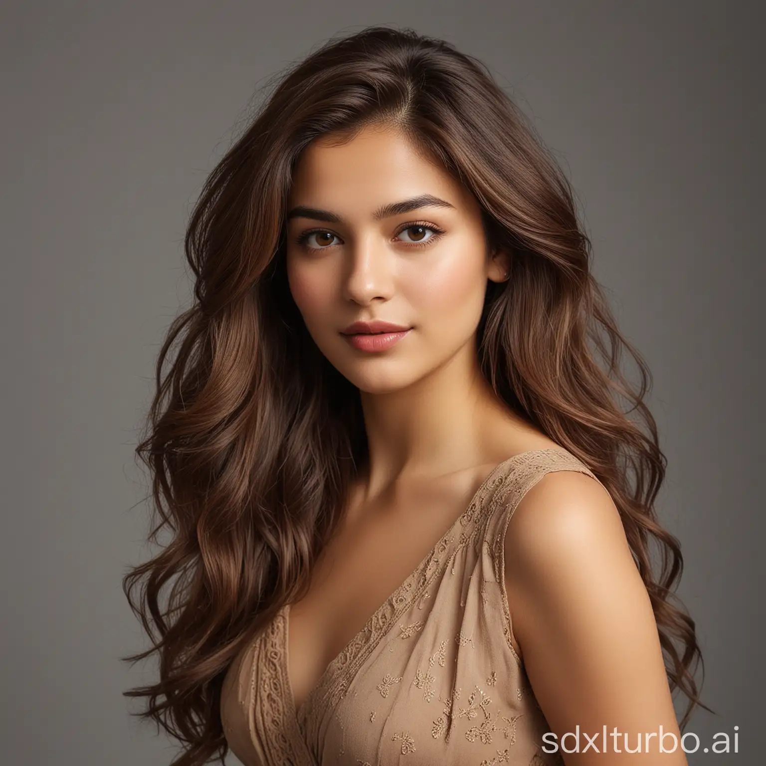 A 25-year-old woman with a natural blend of Pakistani and German features. Light brown skin tone with a fair, warm complexion — not too pale. She has a sexy, well-proportioned figure with confident posture. Long wavy brown hair, soft facial features, and captivating hazel or brown eyes. She’s dressed in modern, elegant fashion — stylish but tasteful — with a slight touch of glamour. Studio lighting, clean background, realistic photo style.