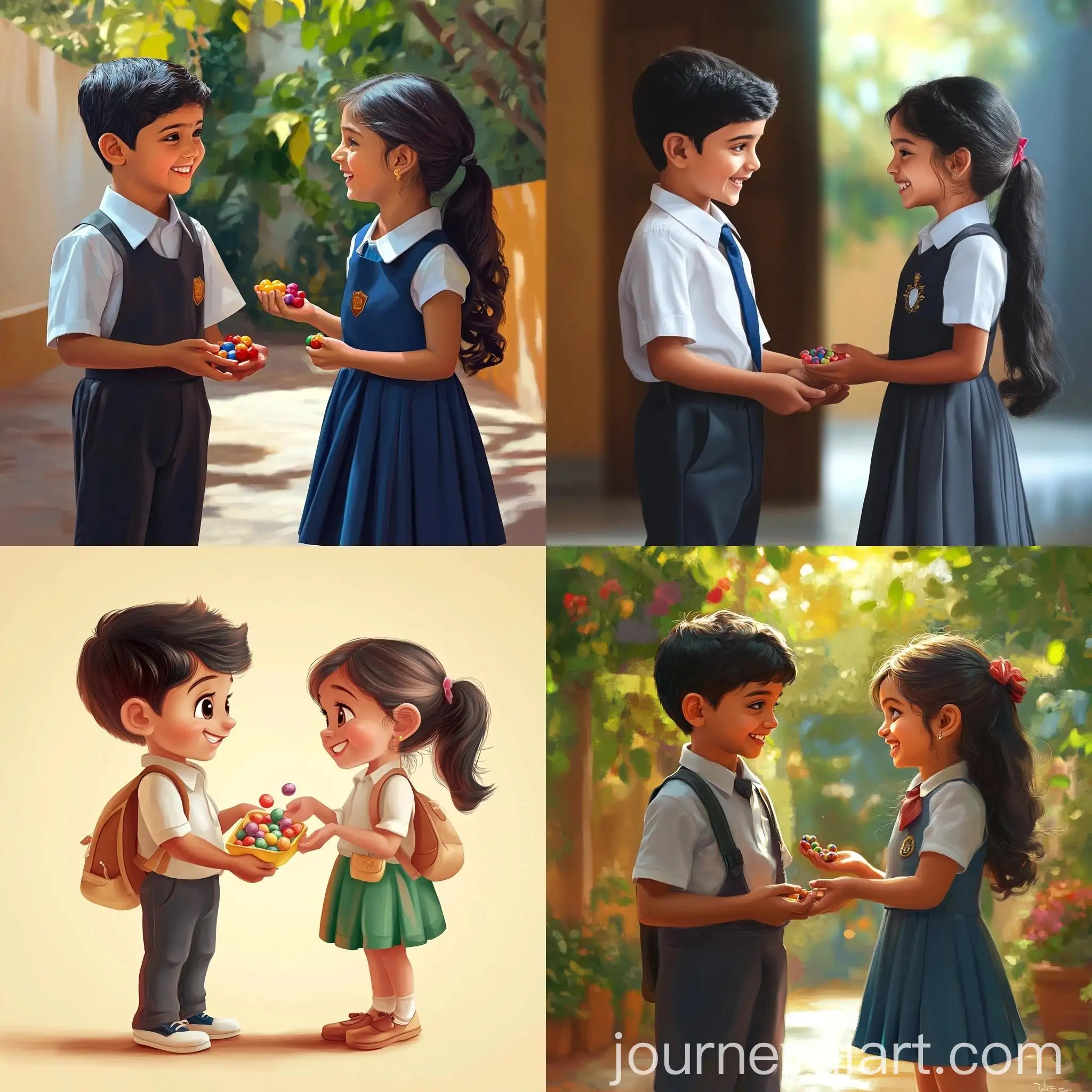 Hyperrealistic-Portrait-of-Cute-Kerala-Boy-and-Girl-in-School-Uniform-Sharing-Candies