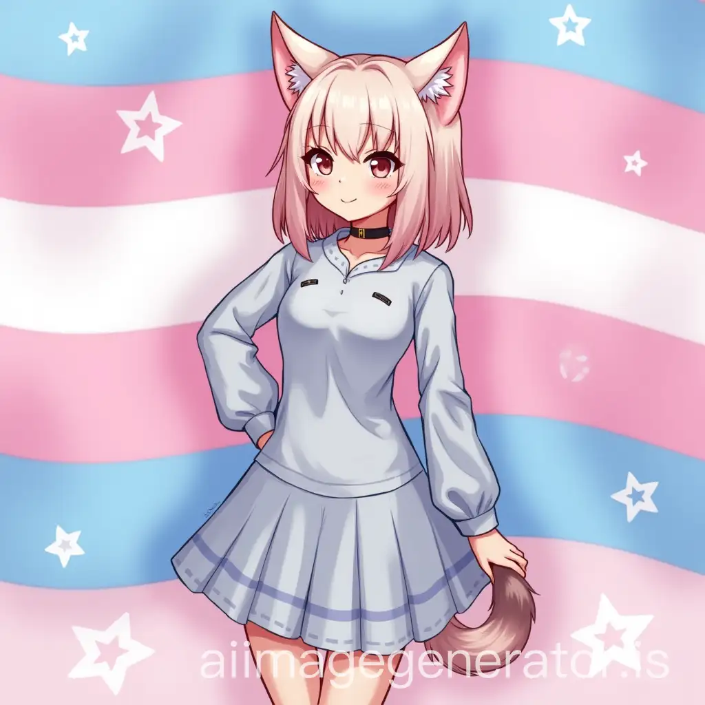 Background is transgender flag, character is 2D style neko girl