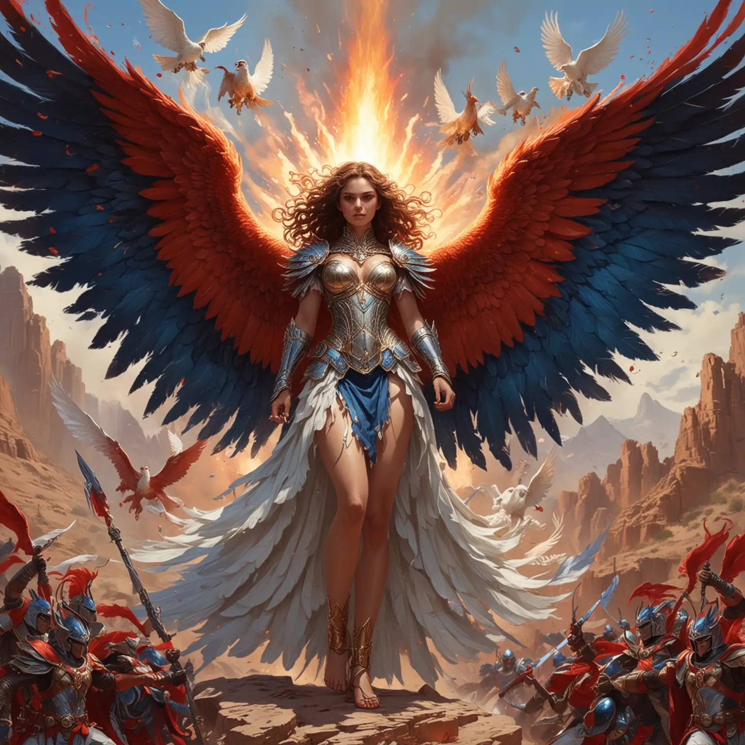 GoddessEmperor Warriors in Commanding Attack Stance Against Fire Eagles