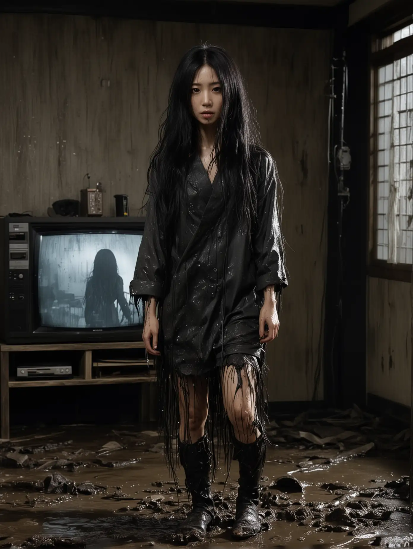 Horror-Scene-of-Japanese-Woman-Emerging-from-TV-Inspired-by-Ringu