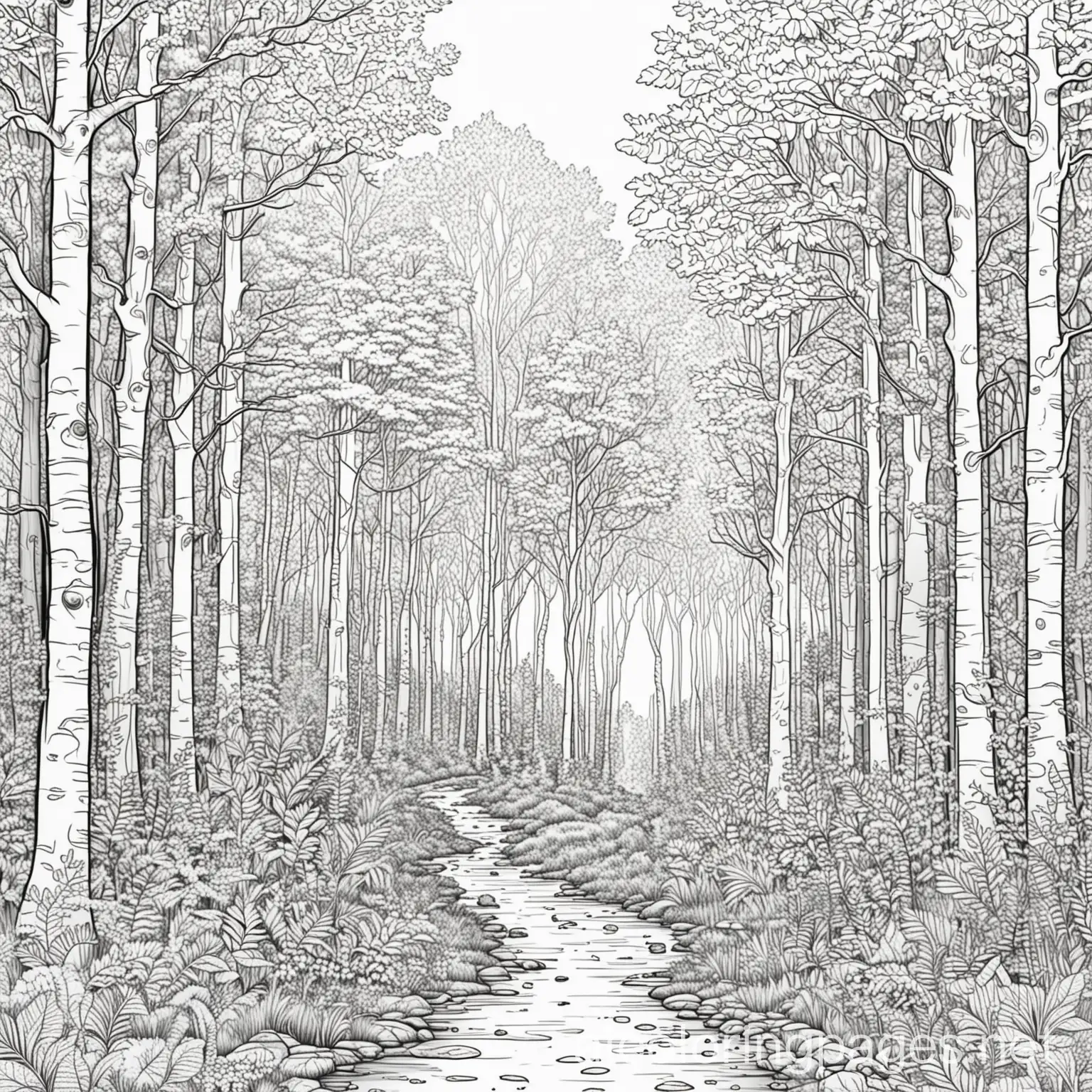 forest, Coloring Page, black and white, line art, white background, Simplicity, Ample White Space. The background of the coloring page is plain white to make it easy for young children to color within the lines. The outlines of all the subjects are easy to distinguish, making it simple for kids to color without too much difficulty