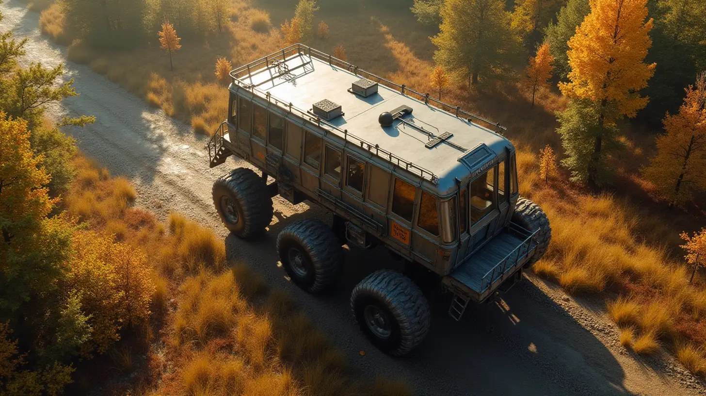 Strange Vehicle on Six Metal Legs Traversing Autumn Wilderness