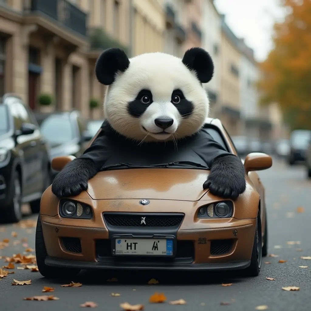 a panda on a car