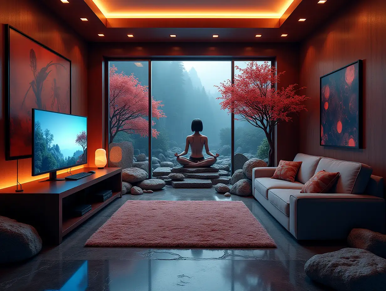 large Gaming room with three monitors ,lighting with furniture with big Attack on Titan statue at the Zen-Garden with carefully tended rocks, a meditative 180 Degrees shots 8K resolution Vibrant