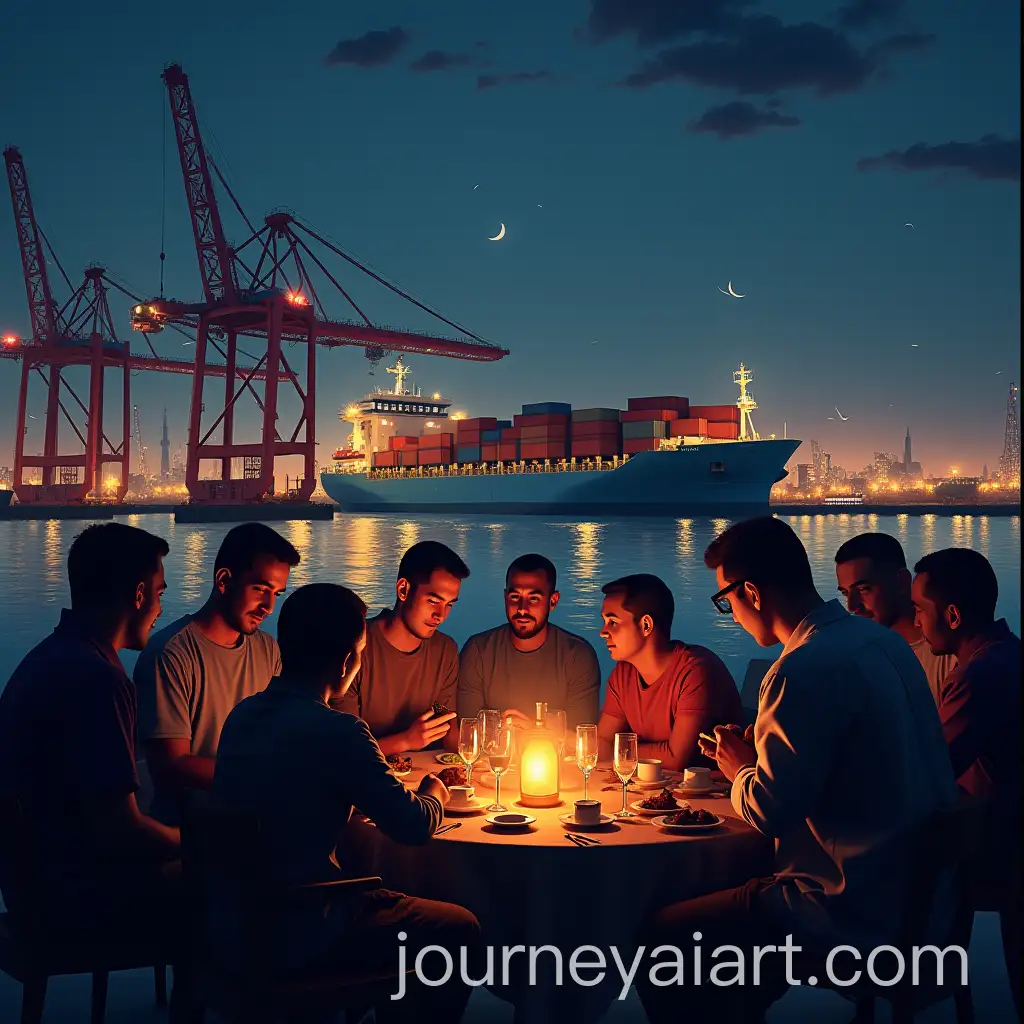 People-Celebrating-Iftar-During-Ramadan-at-Container-Terminal-with-Crane-Loading-Containers-on-Vessel-Ramadan-Karem