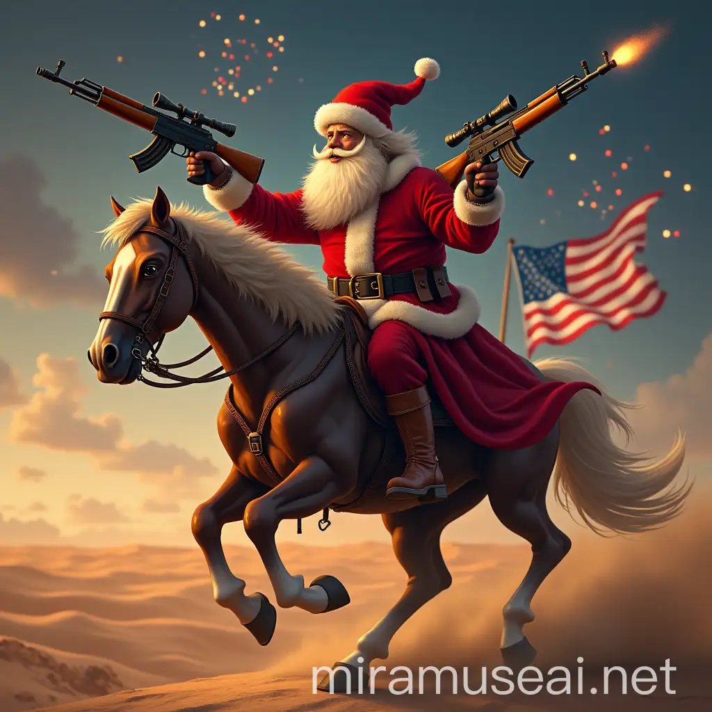 Patriotic Santa Claus Riding Horse with RPGs in Desert