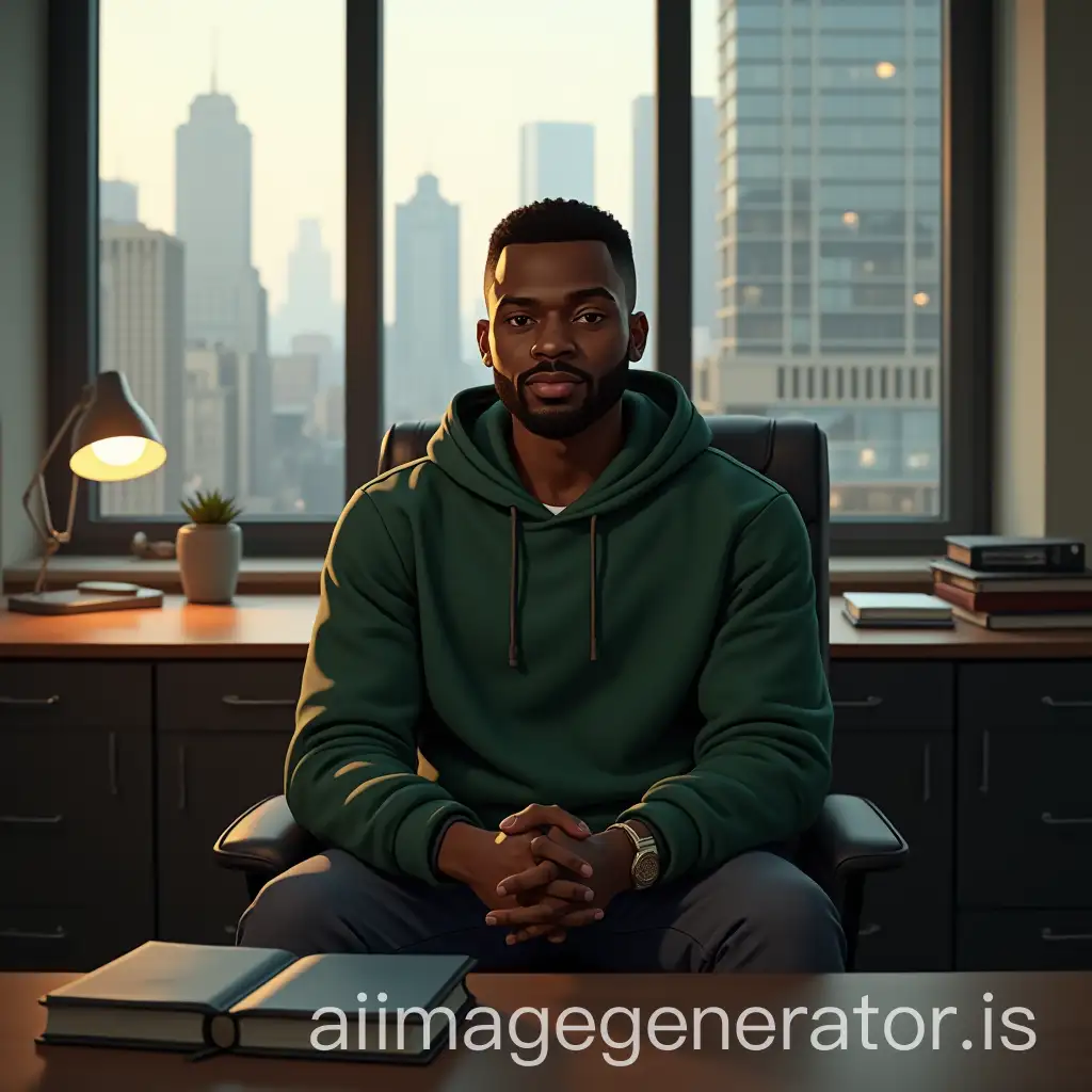 Black-Man-in-Green-Hoodie-with-Bible-Sitting-in-Chair-with-City-View