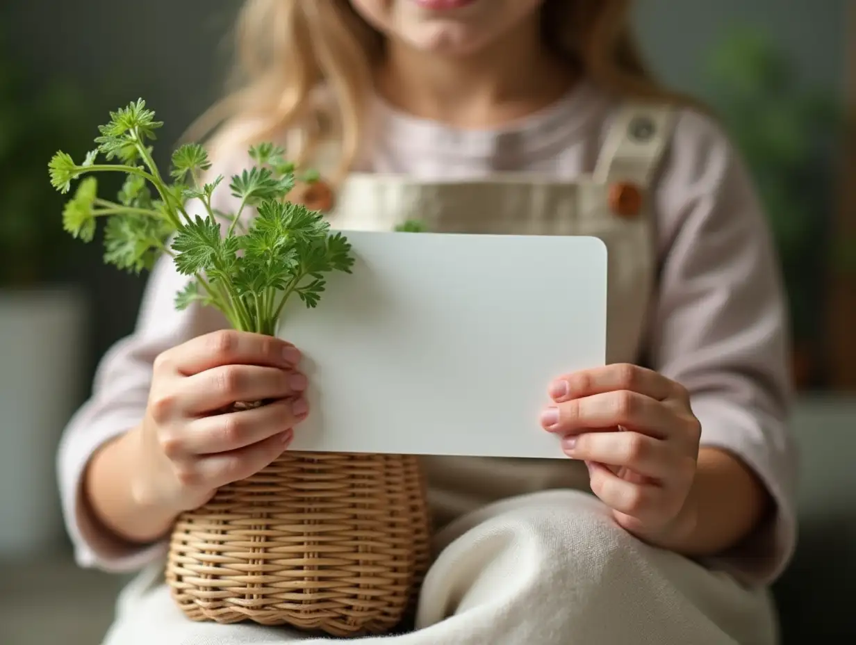 Hands of a young caucasian girl with wicker basket. Blank greeting card, invitation mockup. Sitting farmer kid, cotton apron holding a wicker bag with cow parsley herbs, flowers. Blurred background.