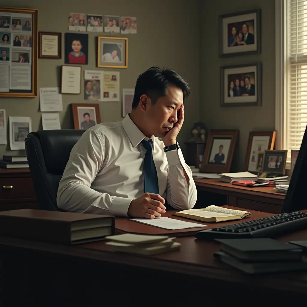 Theme: Tension and Moral Dilemma 1. Victor in the Office: - A lawyer in a messy office, surrounded by photos of his family. Expression of pain and loneliness, with soft light filtering through the window. Victor is Asian