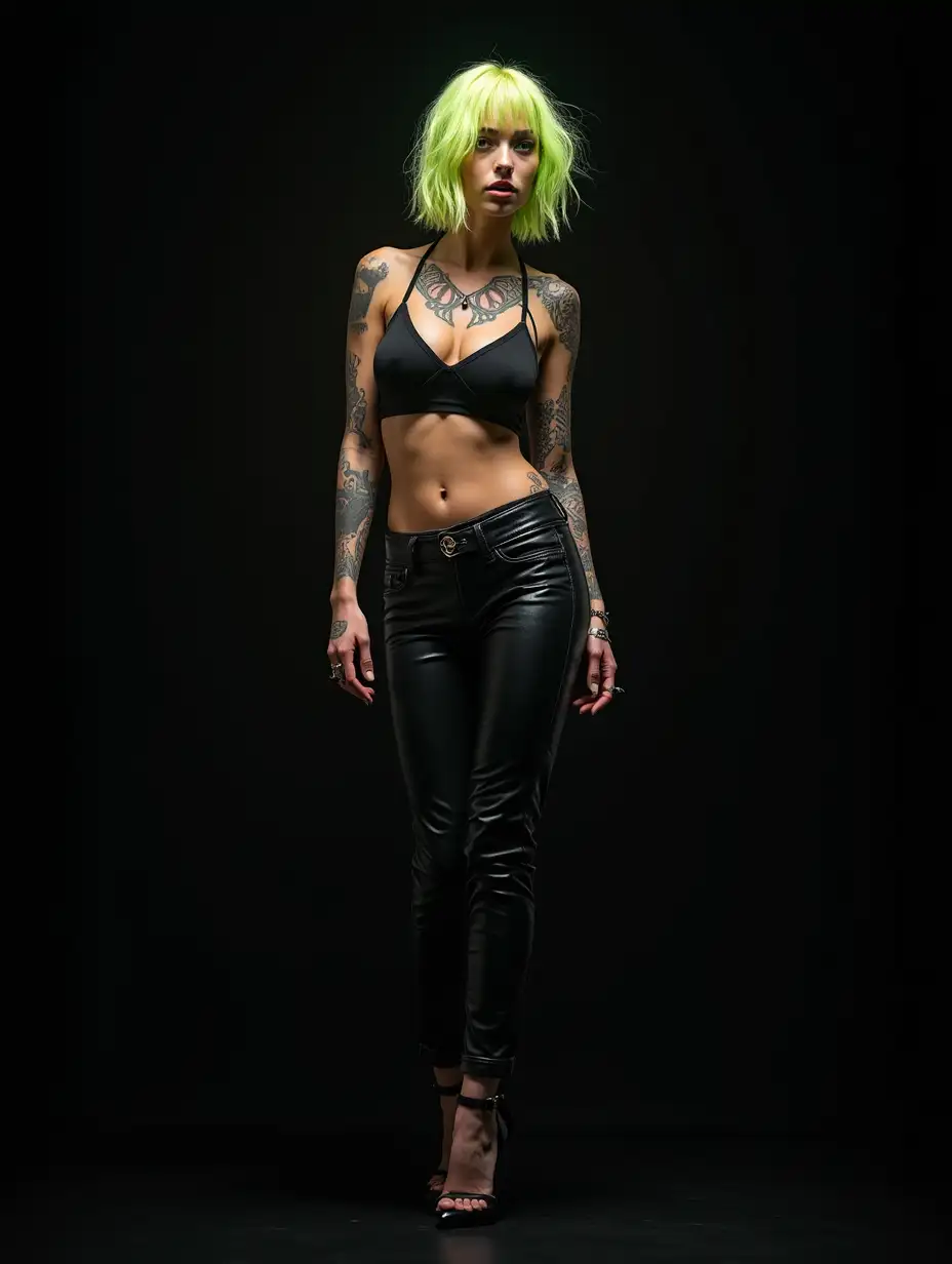 depiction of a beautiful white woman with tattoo, short mixed green-yellow hair in a futuristic cyber and tight leather pants and high heels, black background (120mm) shot poster