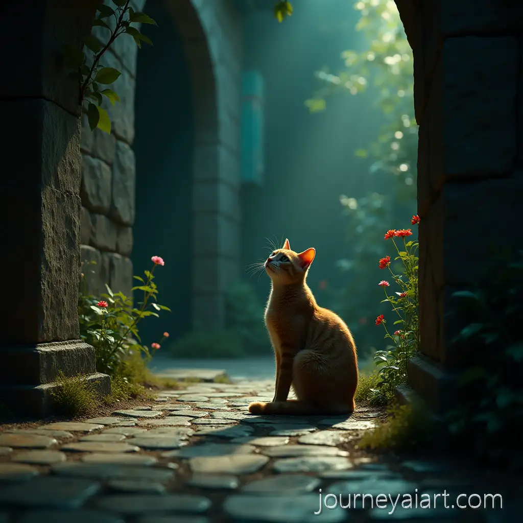 Mystical-CatMystical-cat-in-hall-Sitting-in-Dark-Stone-Hall-with-Flowers-and-Magical-Accents