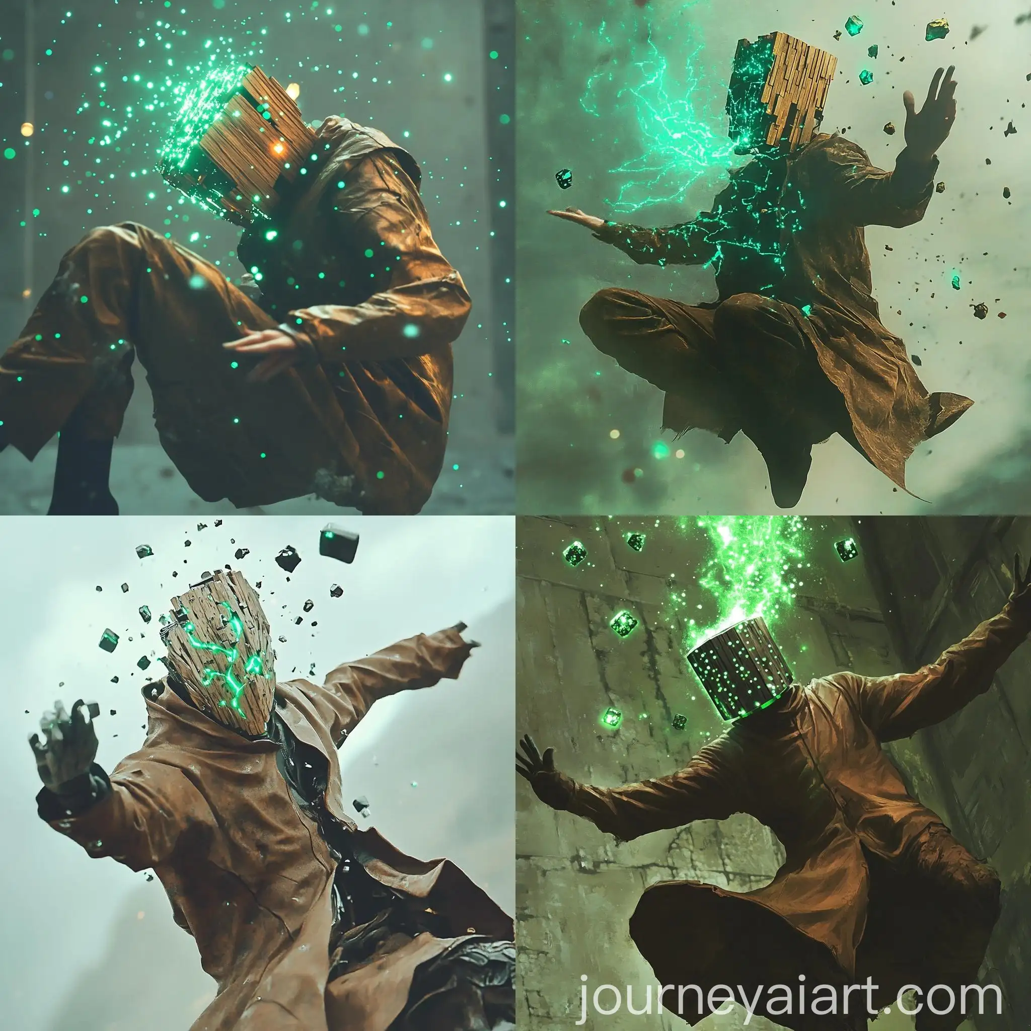 Futuristic-Young-Man-with-Electric-Wooden-Mask-Leaping-in-Air