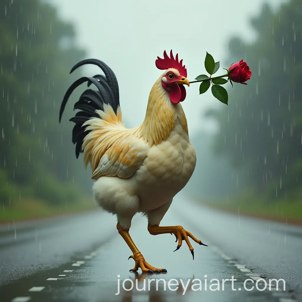 ThreeLegged-Chicken-RunningAI-Image-Prompt-Expansion-Down-a-Rainy-Highway-with-a-Rose-in-Its-Mouth
