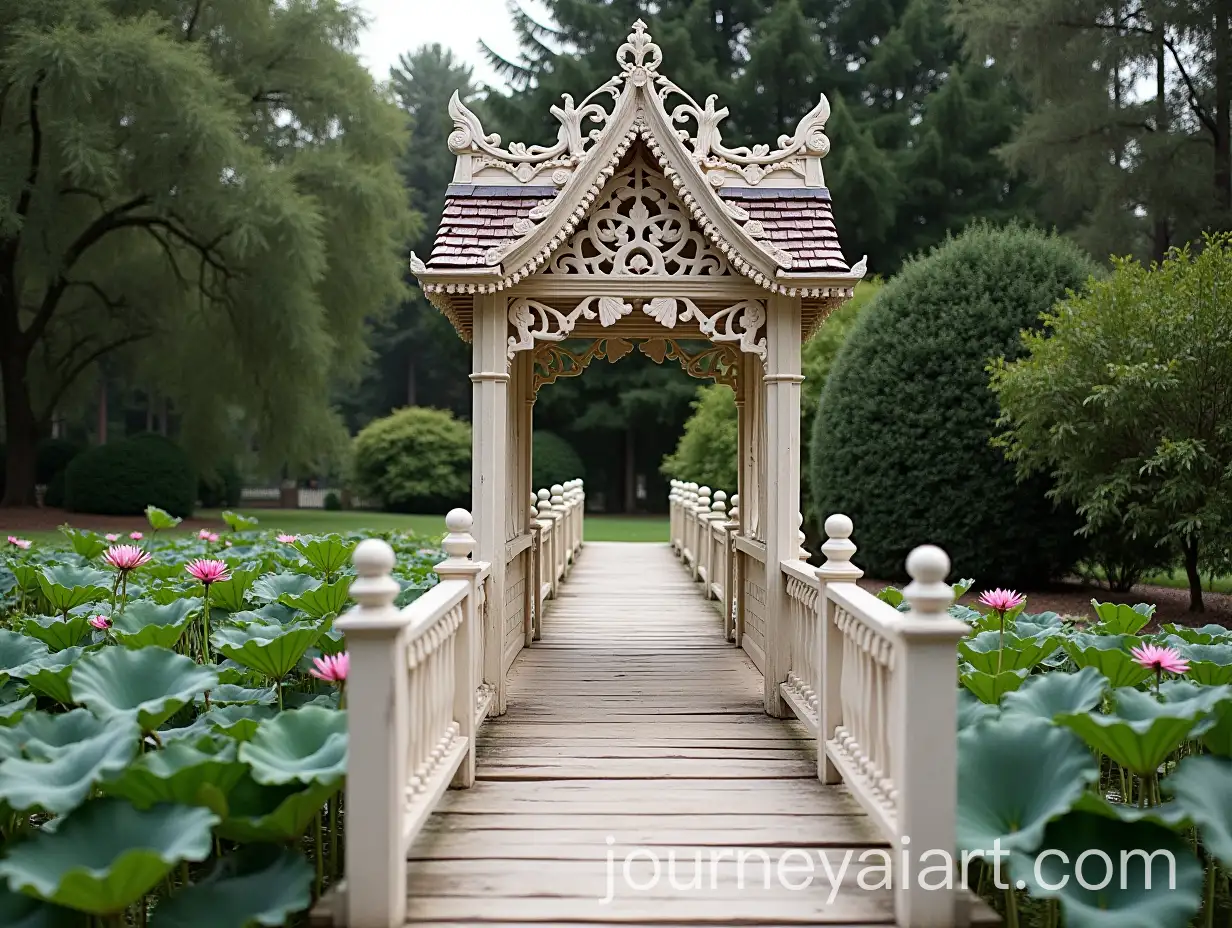 Delicate-Wooden-Bridge-with-Gingerbread-Trim-Over-Lotus-Pond-Leading-to-Neoclassical-Mansion