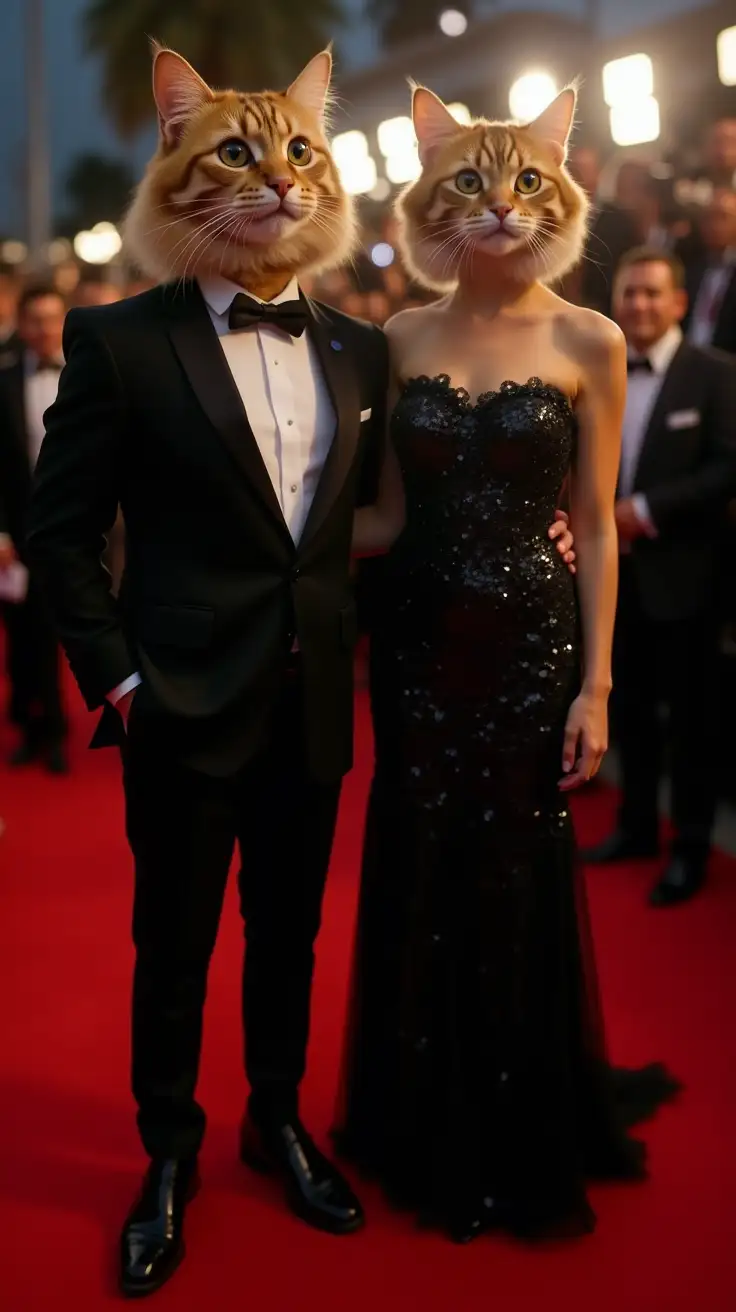 A male and a female cat, both standing upright like humans, dressed in formal evening wear. The male cat is wearing a black tuxedo with a bow tie and polished shoes. The female cat is in a long, elegant black dress with sequins and high heels. They are standing on a red carpet at a glamorous event, with bright lights and photographers in the background.