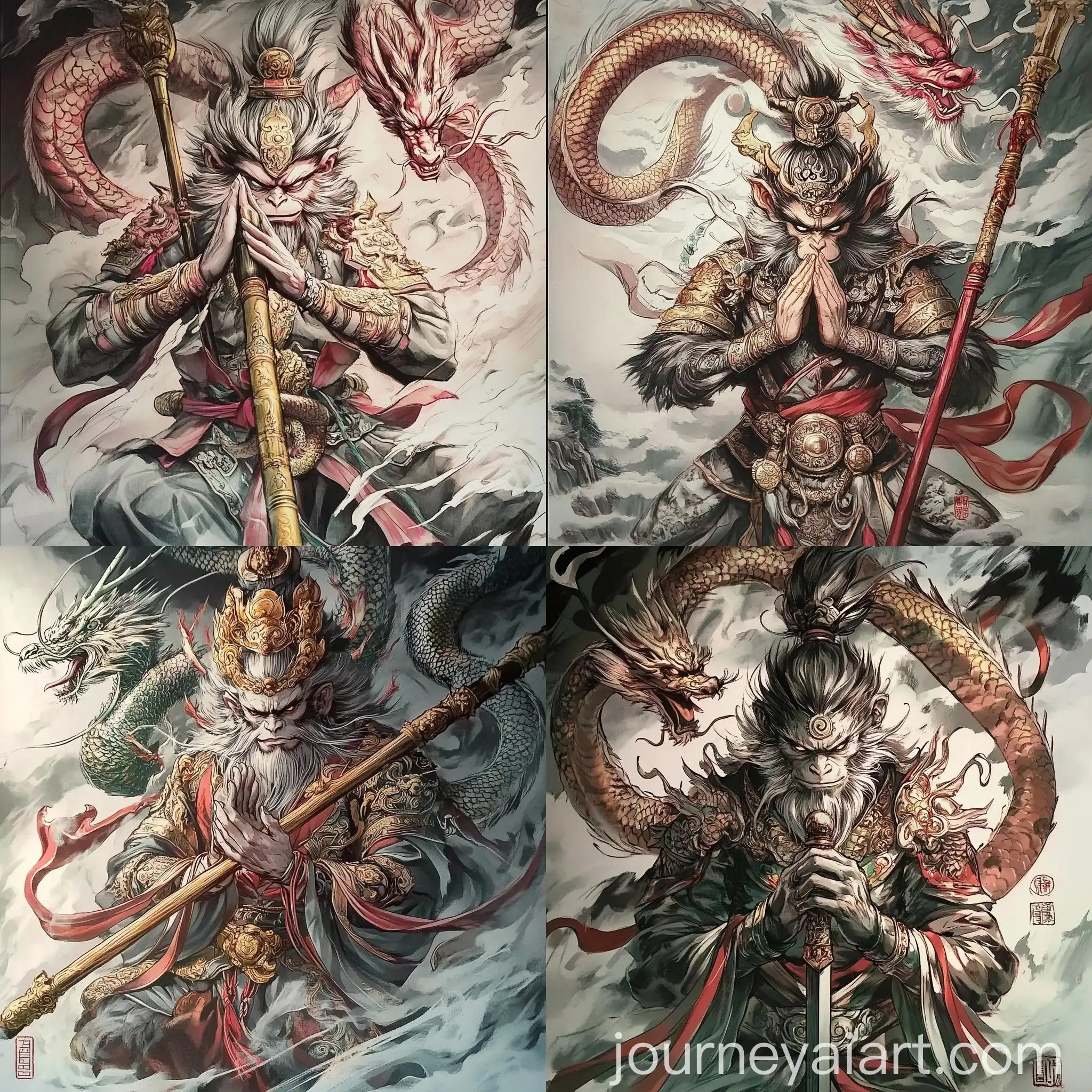 Monkey-King-Praying-with-Sacred-Staff-and-Chinese-Dragon