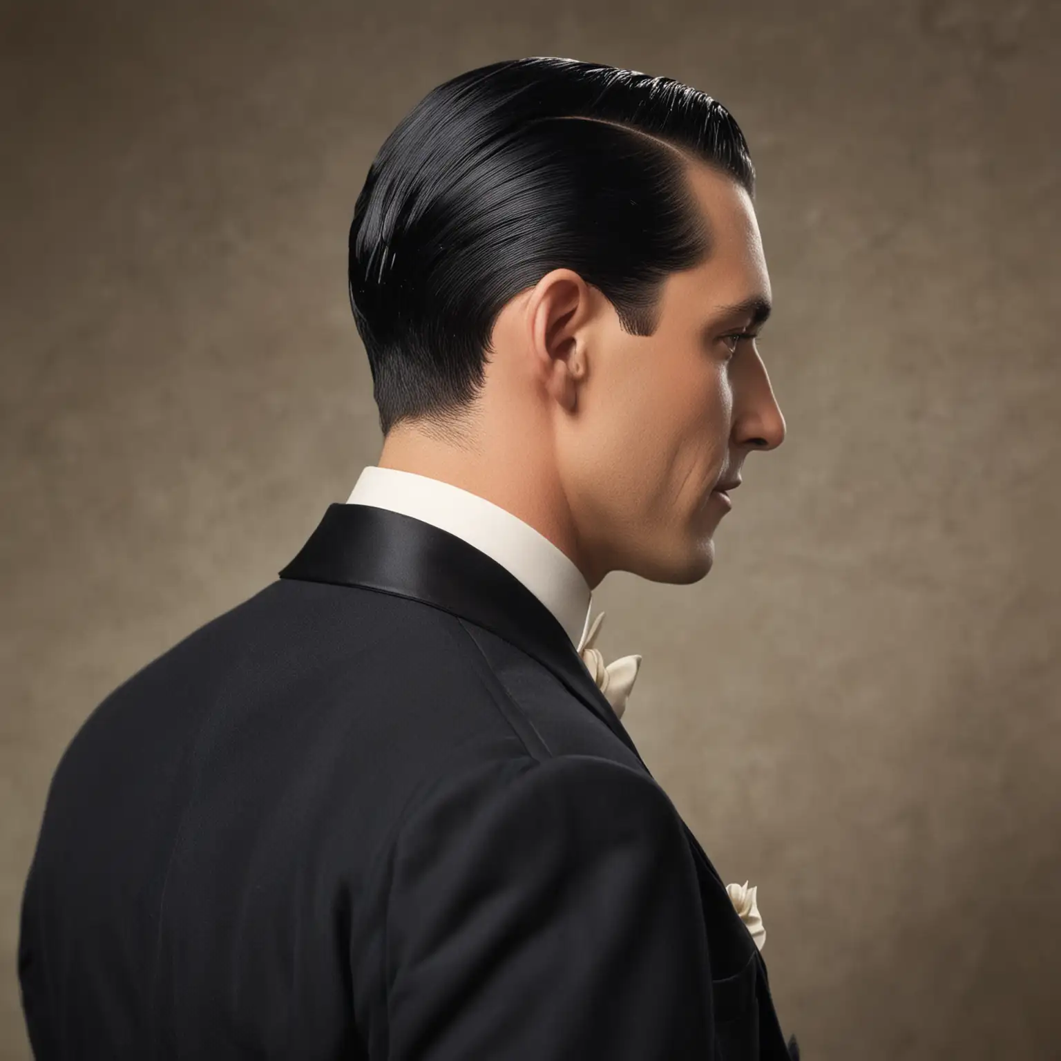 Man in 1920s Tuxedo with Slicked Back Black Hair