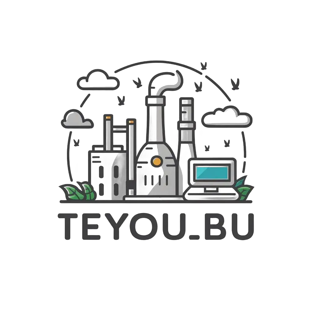 a vector logo design,with the text "teyoubu", main symbol:Reactors, furnace, oil refinery, computer, white clouds, little birds,Moderate,clear background