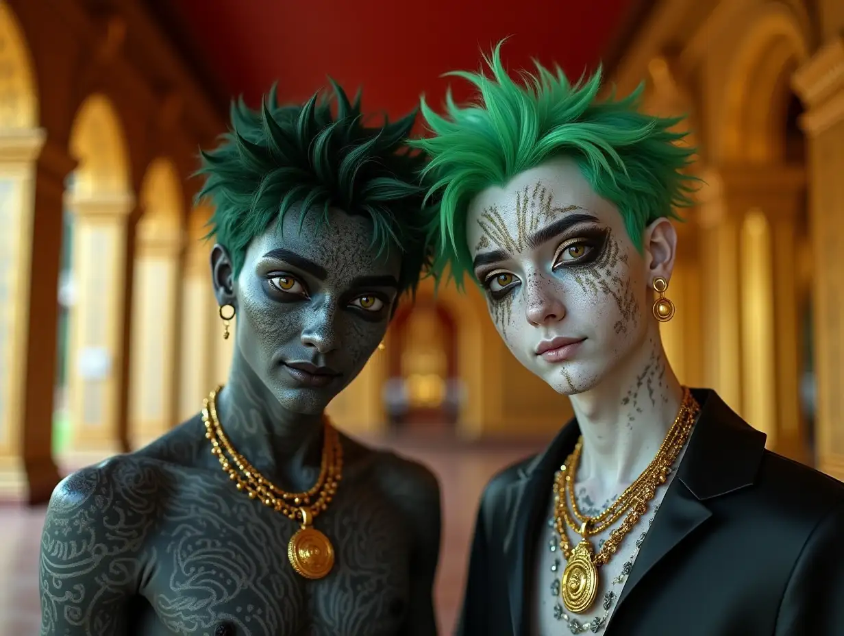 Two young men with black and white pattern, alien face, green hair, with a slight smile on their faces, highlighting their smiles, modern retro jewelry, in a temple with lots of gold in various shades 4k