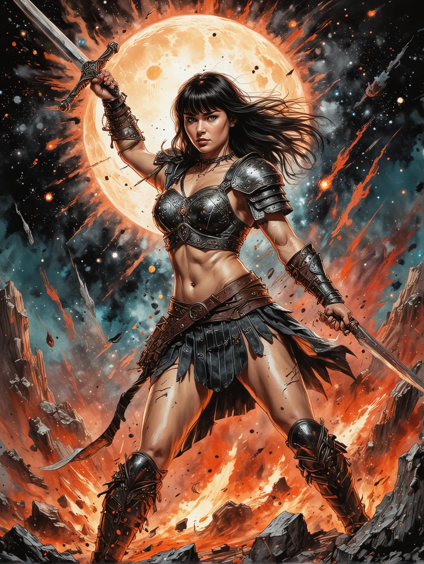 Sketch-of-XENA-the-Warrior-Princess-in-Dynamic-Combat-Pose-on-Moon-Surface