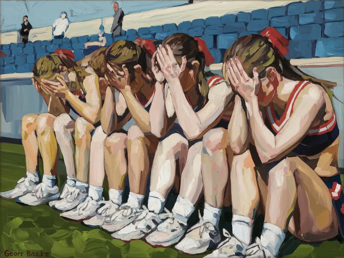 Sad-Cheerleaders-Crying-in-Alla-Prima-Oil-Painting-by-Georg-Baselitz