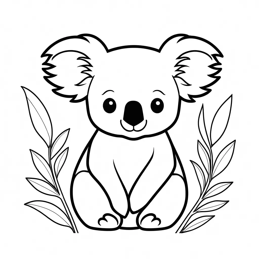 koala mignon, Coloring Page, black and white, line art, white background, Simplicity, Ample White Space. The background of the coloring page is plain white to make it easy for young children to color within the lines. The outlines of all the subjects are easy to distinguish, making it simple for kids to color without too much difficulty