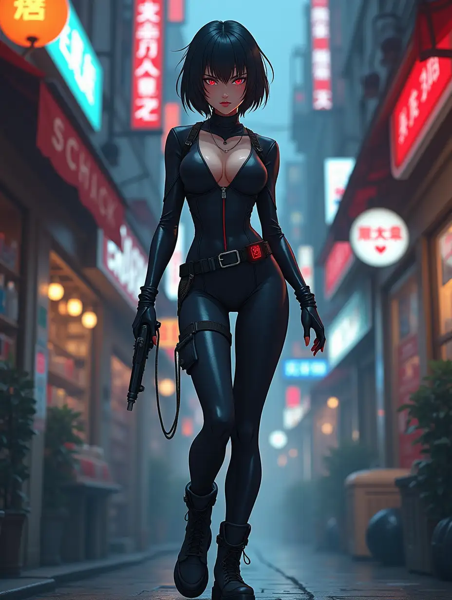 Short hair, mature Asian woman thief cyber runner in a dynamic full-length pose, eyes with red electronic pupils, large breast, extreme skintight body glove zipped down with cleavage, combat boots and combat belt. Full view of her body from boots up, low wide angle. Future store filled city alley street. Anime