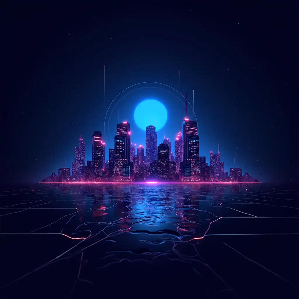 A cyberpunk cityscape desktop wallpaper with neon accents and floating holographic elements. Dark background with electric blue and purple highlights. Geometric patterns subtly woven throughout. The design should be dark enough to keep desktop icons visible.